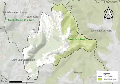 Carte de la ZNIEFF de type 2 sur la commune.