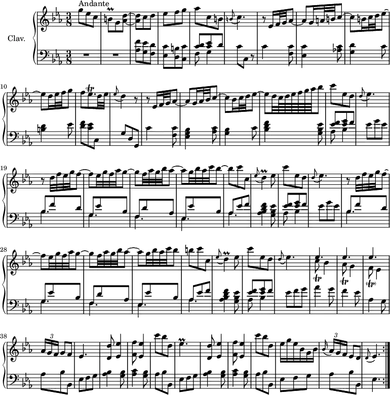 
\version "2.18.2"
\header {
  tagline = ##f
}

%% les petites notes
trillBq = { \tag #'print { b8\prall } \tag #'midi { b64 c b~ b~ b16 } }
trillEesqp = { \tag #'print { ees8.\trill } \tag #'midi { f64 ees f ees~ ees8 } }

trillCq = { \tag #'print { c8\trill } \tag #'midi { c64 bes c32~ c16 } }
trillAesq = { \tag #'print { aes8\trill } \tag #'midi { aes64 g aes32~ aes16 } }
trillEesp = { \tag #'print { ees4.\prall } \tag #'midi { f64 ees f ees~ ees16~ ees8~ ees8 } }

appoC = { \tag #'print { \appoggiatura b8 c4. } \tag #'midi { b4 c8 } }
appoDp = { \tag #'print { \appoggiatura ees8 d4 } \tag #'midi { ees8 d8 } }
appoEesp = { \tag #'print { \appoggiatura d8 ees4. } \tag #'midi { d8 ees4 } }
appoDprall = { \tag #'print { \appoggiatura ees8 d4\prall } \tag #'midi { ees64 d ees d~ d16~ d8 } }

upper = \relative c'' {
  \clef treble 
  \key c \minor
  \time 3/8
  \tempo 4. = 46
  \set Staff.midiInstrument = #"harpsichord"
  \override TupletBracket.bracket-visibility = ##f

      s8*0^\markup{Andante}
      g'8 ees c | \trillBq g8 < aes d >~ | q c d | ees f g | aes c, b | \appoC | r8 ees,16 f32 g aes8~ |
      % ms. 8
      aes8 g16 a32 b c8~ | c8 b16 c32 d ees8~ | ees8 d16 ees32 f g8 | f8 \trillEesqp d32 ees | \appoDp r8 | r8 ees,16 f32 g aes8~ | aes8 g16 aes32 bes c8~ |
      % ms. 15
      c8 bes16 c32 d ees8~ | ees8 d32 c64 d ees f g aes bes8 | c8 ees, d | \appoEesp | r8 d32 f ees g f8~ | f8 ees32 g f aes g8~ |
      % ms. 21
      g8 f32 aes g bes aes8~ | aes8 g32 bes aes c bes8~ | bes8 c c, \appoDprall ees8 | c'8 ees, d | \appoEesp | r8 d32 f ees g f8~ | f8 ees32 g f aes g8~ |
      % ms. 28
      g8 f32 aes g bes aes8~ | aes8 g32 bes aes c bes8 | b8 c c, \appoDprall ees8 | c'8 ees, d | \appoEesp |
      % ms. 35
      << { ees4. ees ees } \\ { \trillCq bes4 | \trillAesq g4 | f8-\parenthesize\trill ees4 } >> | \times 2/3 { aes16[ g f] } g8 f | ees4. | < d d' >8 < ees ees' >4 | < f f' >8 < ees ees' >4 | c''8 bes d, |
      % ms. 43
      \trillEesp | < d, d' >8 < ees ees' >4 | < f f' >8 < ees ees' >4 | c''8 bes d, | ees16 g ees bes g bes |  \times 2/3 { \appoggiatura bes16 aes16[ g f] } ees8 d   \tempo 4. = 30 \appoEesp | 

}

lower = \relative c' {
  \clef bass
  \key c \minor
  \time 3/8
  \set Staff.midiInstrument = #"harpsichord"

    % **************************************
     R4.*2 | < aes f' >8 < g ees' > < f d' > | < ees c' > < d b' > < c c' > | << { < c' d >8 < c ees > d } \\ { f,8 g4 } >> | c8 c,   \tempo 4. = 20 r8 |   \tempo 4. = 46 c'4 < f, c' >8 | 
     % ms. 8
     < ees c' >4 < aes! c >8 | < g d' >4 c8 | < b d >4 ees8 | < d f >8 < c ees > c, | g' d   \tempo 4. = 20 g, |   \tempo 4. = 46 c'4 < f, c' >8 | < ees g bes >4 < aes c >8
     % ms. 15
     < g bes >4 c8 | < bes d f >4 < g bes ees >8 | \repeat unfold 2 { << { < ees' f >8 < ees g > f } \\ { aes,8 bes4 } >> | ees8 g ees | << { bes8 f' d | g, ees' bes | f d' aes | ees ees' bes | aes ees' f } \\ { \mergeDifferentlyDottedOn bes,4. g | f ees | aes } >>
     % ms. 24
     < aes bes d f >4 < g bes ees >8 } |
     % ms. 32
     << { < ees' f >8 < ees g > f } \\ { aes,8 bes4 } >> | ees8 f g |
     % ms. 35
     aes4 g8 | f4 ees8 | aes,4 g8 | \repeat unfold 2 { aes bes bes, | ees f g | < aes bes >4 < g bes >8 | < aes c >4 < g bes >8 } |
     % ms. 43
     aes8 bes bes, | ees f g aes bes bes, | ees4. \bar ":|."

}

thePianoStaff = \new PianoStaff <<
    \set PianoStaff.instrumentName = #"Clav."
    \new Staff = "upper" \upper
    \new Staff = "lower" \lower
  >>

\score {
  \keepWithTag #'print \thePianoStaff
  \layout {
      #(layout-set-staff-size 17)
    \context {
      \Score
     \override SpacingSpanner.common-shortest-duration = #(ly:make-moment 1/3)
      \remove "Metronome_mark_engraver"
    }
  }
}

\score {
  \keepWithTag #'midi \thePianoStaff
  \midi { }
}
