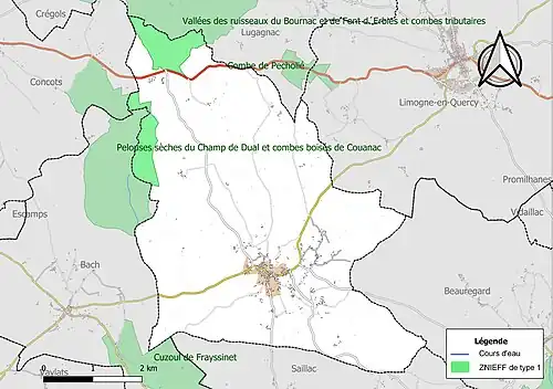 Carte des ZNIEFF de type 1 sur la commune.