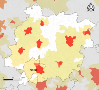 Localisation de l'aire d'attraction de Nérac dans le département de Lot-et-Garonne.
