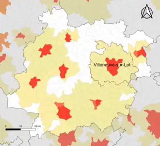 Localisation de l'aire d'attraction de Villeneuve-sur-Lot dans le département de Lot-et-Garonne.