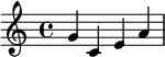 { \relative c' { g' c, e a } }