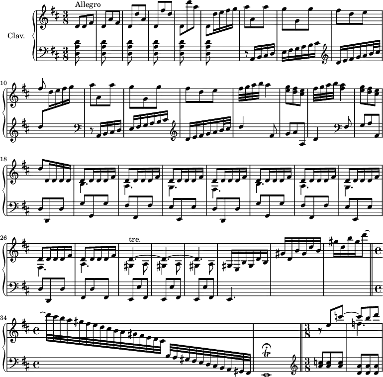
\version "2.18.2"
\header {
  tagline = ##f
}

%% les petites notes
trillE        = { \tag #'print { e1\trill\fermata } \tag #'midi { \tempo 4. = 30 fis32 e \repeat unfold 10 { \tempo 4. = 60 fis32 e~ }  \tempo 4. = 40 e16   \tempo 4. = 68 } }
trillDp       = { \tag #'print {  d4.~ } \tag #'midi { \repeat unfold 6 { e32 d } } }

upper = \relative c'' {
  \clef treble 
  \key d \major
  \time 3/8
  \tempo 4. = 68
  \set Staff.midiInstrument = #"harpsichord"
  \override TupletBracket.bracket-visibility = ##f
  \omit TupletNumber

      s8*0^\markup{Allegro}
      d,8 d fis | d a' fis | d d' a | d, fis' d | d, d'' a | d,, d'16 e fis g |
      % ms. 7
      a8 a, a' | g g, g' | fis d e | \stemUp fis8 s4 | \stemNeutral a8 a, a' | g g, g' |
      % ms. 13
      fis d e | fis32 g a b a4 | < e g >8 < d fis > < cis e > | fis32 g a b < fis a >4 | < e g >8 < d fis > < cis e > | d8 d,16 d d d | \repeat unfold 2 { << { \repeat unfold 4 { d8 d16 d d fis } } \\ { b,4. | a g fis } >> } << { d'8 d16 d d fis } \\ { a,4. } >>
      % ms. 28
      s8*0^\markup{tre.} \repeat unfold 3 { << { \trillDp } \\ { gis,4 a8 } >> } gis16 e b' gis d' b gis' d b' gis d' b | gis' d b' gis d'8~ \bar "||"  \time 4/4
      % ms. 34
      d32[ cis b a gis fis e d cis b a gis fis e d cis] \stemUp \change Staff = "lower" \times 16/11 { b32 a gis fis e d cis b a gis fis } | \trillE  \change Staff = "upper"  \bar "||" \time 3/8
      % ms. 36
      b'''8\rest << { e8 c'~ | c b d~ | } \\ { s4 f,4. } >>

}

lower = \relative c' {
  \clef bass
  \key d \major
  \time 3/8
  \set Staff.midiInstrument = #"harpsichord"

    % **************************************
    \repeat unfold 6 { < d, a' d >8 s4 }
    % ms. 7
    r8 a16 b cis d | e fis g a b cis |   \clef treble  d e fis g a b32 cis | d8 \stemDown \change Staff = "upper" d16 e fis g |
    % ms. 11
      \stemUp \change Staff = "lower" \clef bass r8 a,,,16 b cis d | e fis g a b cis |   \clef treble  d e fis g a b32 cis | d4 fis,8 | g a a, | d4   \clef bass fis,8 | g a a, | d d, d' | \repeat unfold 2 { g g, g' |
    % ms. 20
    fis fis, fis' | e e, e' | d d, d' }
    % ms. 27
    fis,8 d' fis, | \repeat unfold 3 { e e' fis, } | e4. | s4. s4. | s1   s1 
    % ms. 36
      \clef treble  < a'' c >8 q q | < d, a' >8 q q | 

}

thePianoStaff = \new PianoStaff <<
    \set PianoStaff.instrumentName = #"Clav."
    \new Staff = "upper" \upper
    \new Staff = "lower" \lower
  >>

\score {
  \keepWithTag #'print \thePianoStaff
  \layout {
      #(layout-set-staff-size 17)
    \context {
      \Score
     \override SpacingSpanner.common-shortest-duration = #(ly:make-moment 1/2)
      \remove "Metronome_mark_engraver"
    }
  }
}

\score {
  \keepWithTag #'midi \thePianoStaff
  \midi { }
}
