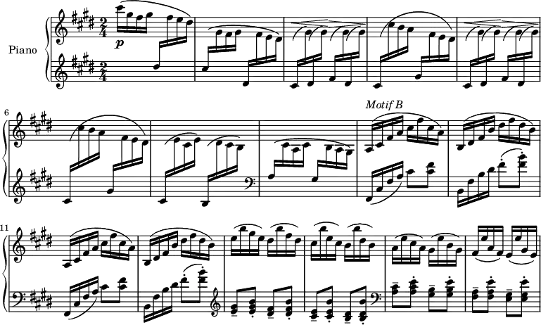 
\version "2.18.2"
\header {
  tagline = ##f
}
upper = \relative c'' {
  \clef treble 
  \key e \major
  \time 2/4
  \tempo 4 = 136
  \tempo "Vif"
  \set Staff.midiInstrument = #"acoustic grand"

   cis'16\(\p gis fis gis  \stemUp \change Staff = "lower" dis16  \stemDown \change Staff = "upper"  fis16 e dis\)

   % ms. 2
   \stemUp \change Staff = "lower" cis16^\( \stemDown \change Staff = "upper" gis fis gis
   \stemUp \change Staff = "lower" dis16 \stemDown \change Staff = "upper" fis e dis\)

   % ms. 3/5
   \repeat unfold 2 {
   \stemUp \change Staff = "lower" cis16(^\< \stemDown \change Staff = "upper" gis'16)
   \stemUp \change Staff = "lower" dis16( \stemDown \change Staff = "upper" gis16)\!
   \stemUp \change Staff = "lower" fis16(^\> \stemDown \change Staff = "upper" gis16)
   \stemUp \change Staff = "lower" dis16( \stemDown \change Staff = "upper" gis16)\!

   % ms. 4/6
   \stemUp \change Staff = "lower" cis,16\(  \stemDown \change Staff = "upper"  cis'16 b a
   \stemUp \change Staff = "lower" gis16  \stemDown \change Staff = "upper"  fis16 e dis\)
   }

   % ms. 7
   \stemUp \change Staff = "lower" cis16^\( \stemDown \change Staff = "upper" e cis e\)
   \stemUp \change Staff = "lower" b16^\( \stemDown \change Staff = "upper" dis cis b\)

   % ms. 8
   \stemUp \change Staff = "lower" a16^\( \stemDown \change Staff = "upper" cis a cis
   \stemUp \change Staff = "lower" gis16 \stemDown \change Staff = "upper" b a gis\)

   % ms. 9
   \stemNeutral
   s4*0^\markup{\italic "Motif B"}
   \repeat unfold 2 { a16( cis fis a cis fis cis a) | b,16( dis fis b dis fis dis b) }

   % ms. 13
   e16( b' gis e) dis( b' fis dis) | cis( b' e, cis) b( b' dis, b) | a( e' cis a) gis( e' b gis) | fis( e' a, fis) e( e' gis, e)
}

lower = \relative c {
  \clef treble
  \key e \major
  \time 2/4
  \set Staff.midiInstrument = #"acoustic grand"

  s2*7 \clef bass s2 
  \repeat unfold 2 { fis,16( cis' fis a) cis8 < cis fis > b,16 fis' b dis fis8-.( < fis b >-.) }
  \clef treble < e gis >8-- < e gis b >-. < dis fis >-- <  dis fis b >-.
  < cis e >8-- < cis e b' >-. < b dis >8-- < b dis b' >-.

  % ms. 15
  \clef bass < a cis >8-- < a cis e >-. < gis b >8-- < gis b e >-.
  < fis a >8-- < fis a e' >-. < e gis >8-- < e gis e' >-.

} 

\score {
  \new PianoStaff <<
    \set PianoStaff.instrumentName = #"Piano"
    \new Staff = "upper" \upper
    \new Staff = "lower" \lower
  >>
  \layout {
    #(layout-set-staff-size 17)
    \context {
      \Score
      \override SpacingSpanner.common-shortest-duration = #(ly:make-moment 1/2)
      \remove "Metronome_mark_engraver"
    }
  }
  \midi { }
}
