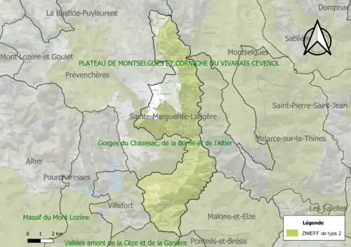 Carte des ZNIEFF de type 2 sur la commune.