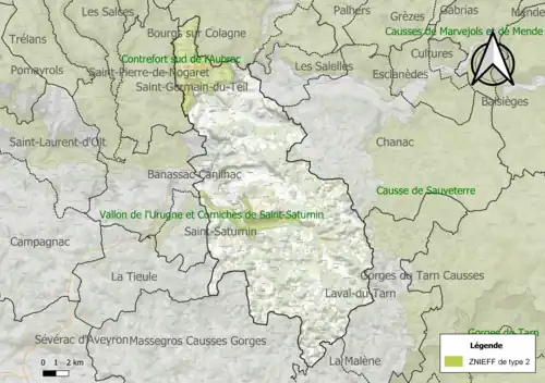 Carte des ZNIEFF de type 2 sur la commune.