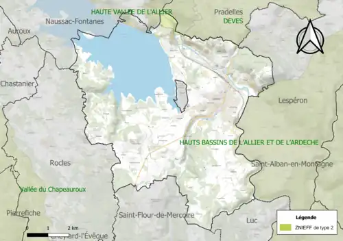 Carte des ZNIEFF de type 2 sur la commune.