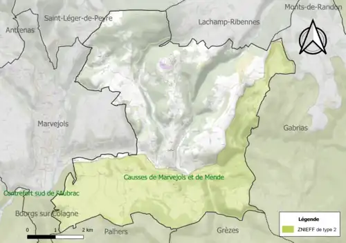 Carte de la ZNIEFF de type 2 sur la commune.