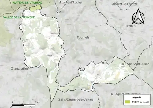 Carte de la ZNIEFF de type 2 sur le territoire de la commune.