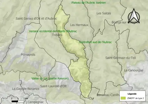 Carte de la ZNIEFF de type 2 sur la commune.