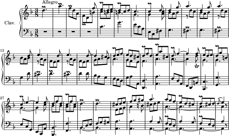 
\version "2.18.2"
\header {
  tagline = ##f
}

%% les petites notes
trillDp      = { \tag #'print { d4.\prall } \tag #'midi { e32 d e d~ d8~ d8 } }
trillBesp    = { \tag #'print { a'4.\prall } \tag #'midi { bes32 a bes a~ a8~ a8 } }
trillFqDown  = { \tag #'print { f,8\prall } \tag #'midi { g32 f g f } }
trillFq      = { \tag #'print { f8\prall } \tag #'midi { g32 f g f } }
trillEq      = { \tag #'print { e8\prall } \tag #'midi { f32 e f e } }
trillDq      = { \tag #'print { d8\prall } \tag #'midi { e32 d e d } }
trillC       = { \tag #'print { c4\prall } \tag #'midi { d32 c d c~ c8 } }
trillCq      = { \tag #'print { c8\prall } \tag #'midi { d32 c d c } }
trillFisp    = { \tag #'print { fis4.\prall } \tag #'midi { g32 fis g fis~ fis8~ fis8 } }
trillCisp    = { \tag #'print { cis4.\prall } \tag #'midi { d32 cis d cis~ cis8~ cis8 } }
trillDqtrill = { \tag #'print { d8\trill } \tag #'midi { e32 d e d } }

upper = \relative c'' {
  \clef treble 
  \key d \minor
  \time 3/8
  \tempo 4 = 110
  \set Staff.midiInstrument = #"harpsichord"

     s8*0^\markup{Allegro}
     \trillDp \trillBesp | \trillFq d8 a | << { s4 f'8 | \trillEq d8 e | \trillDq c8 d | c4. \trillC d8 | d4 g8 } \\ { \trillFqDown d8 b' | c b c | b4. g g4 < a c >8 | bes8 a bes } >> |
     % ms. 10
     << { a'4. | d,4 g8 | a4. | s4 d,8 | \repeat unfold 2 { e4. s4 d8~} d4 cis8 } \\ { \repeat unfold 2 { r8 d8 c | bes a bes } | \repeat unfold 2 { r8 a8 g f e f } g8 a bes } >>
     % ms. 19 à 30
     << { \trillDq e8 f | e d cis | \trillDq f8 d | \trillEq a8 cis, | \trillDq f4~ | f4 f8 | \trillEq d e | \trillDq g8 b, | \trillCq e4~ | e4 e8 | d f d | \trillCq f c } \\ { a4. | g8 f e | f4. | a4. | a4.~ | a4 \trillDqtrill | g,4. g4. | g4.~ | g4 c8 | bes8 f' bes, | a f' a, } >>
     % ms. 31
     \trillDp | \trillDp | << { cis8 d e f g gis | a4. } \\ { e,8 f g | a4 b8 | cis8 d e  } >>
     % ms. 36
     << { a8 g f | \trillEq d8 cis | \trillDq cis d | \appoggiatura d8 e4 } \\ { a,4.~ a~ a | a4 } >> r8

}

lower = \relative c' {
  \clef bass
  \key d \minor
  \time 3/8
  \set Staff.midiInstrument = #"harpsichord"

    % **************************************
     R4.*4 | c4. g' e8 c a | e c fis | g4.
     % ms. 10
     \trillFisp | g4. | \trillFisp | g4 d'8 | \trillCisp | \trillDp | \trillCisp | d4 d8 | bes8 a g |
     % ms. 19
     f8 e d  | g a a, | < d, d'>4. < a' a' > | f'8 d a f d b' < c, c' >4. < g' g' > | e'8 c g |
     % ms. 28
     e8 c a' | < bes, bes' >4. < f' f' > | << { \mergeDifferentlyDottedOn bes8 d e | f g gis } \\ { bes,4.~ bes } >> < a a' >4. q | \repeat unfold 2 { << { a'4 g8 | \trillFq e8 d } \\ { a4.~ a~  } >> }
     % ms. 37
     << { a'4 } \\ { a,4 } >> r8

}

thePianoStaff = \new PianoStaff <<
    \set PianoStaff.instrumentName = #"Clav."
    \new Staff = "upper" \upper
    \new Staff = "lower" \lower
  >>

\score {
  \keepWithTag #'print \thePianoStaff
  \layout {
      #(layout-set-staff-size 17)
    \context {
      \Score
     \override SpacingSpanner.common-shortest-duration = #(ly:make-moment 1/2)
      \remove "Metronome_mark_engraver"
    }
  }
}

\score {
  \keepWithTag #'midi \thePianoStaff
  \midi { }
}
