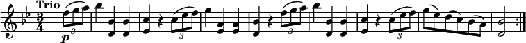 
 \relative c'' {
         \version "2.18.2"
         \clef "treble"
         \tempo "Trio"
         \key bes \major
         \time 3/4
         \tempo 4 = 110
      s2 \tuplet 3/2 {f8\p (g a)}
      bes4 <d,, bes'> <d bes'>
      <ees c'> r4  \tuplet 3/2 {c'8 (ees f)}
      g4 <ees, a> <ees a>
      <d bes'> r4 \tuplet 3/2 {f'8 (g a)}
      bes4 <d,, bes'> <d bes'>
      <ees c'> r4  \tuplet 3/2 {c'8 (ees f)}
      g8 (ees) d (c) bes (a)
      <d, bes'>2 \bar ":|."
}
