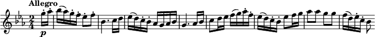 
\version "2.14.2"
 \relative c'' {
         \clef "treble" 
         \tempo "Allegro"
         \key ees \major
         \time 2/4 
         \tempo 4 = 160
     \partial 4 \partial 8   g'16-.\p aes-.
     bes (aes) g-. f-. ees8-. f-.
     bes,4. c16 d
     ees (d) c-. bes-. aes g aes bes
     g4. aes16 bes
     c8 d16 ees f (g) aes-. f-.
     ees (d) c-. bes-. ees8 f16 g
     aes8 aes g g
     f16 (d) ees-. c-. bes8
 }

