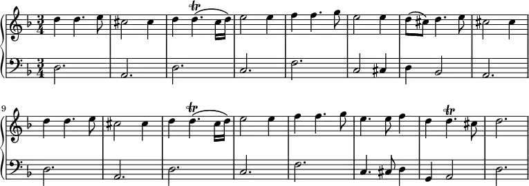 \version "2.18.2"
\new PianoStaff <<
\new Staff {
\key d \minor \time 3/4
d''4 d''4. e''8   cis''2 cis''4
d''4 d''4.\trill\( c''16 d''\)  e''2 e''4
f''4 f''4. g''8  e''2 e''4
d''8\( cis''\) d''4. e''8  cis''2 cis''4
d''4 d''4. e''8   cis''2 cis''4
d''4 d''4.\trill\( c''16 d''\)  e''2 e''4
f''4 f''4. g''8  e''4. e''8 f''4
d''4 d''4.\trill cis''8 d''2.
}
\new Staff {
\clef bass \key d \minor \time 3/4
d2.  a,  d  c  f  c2 cis4  d4 b,2  a,2.
d2.  a,  d  c  f  c4. cis8 d4  g,4 a,2
d2.
}
>> 