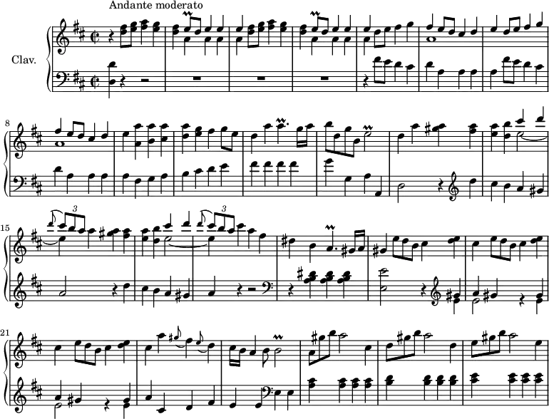 
\version "2.18.2"
\header {
  tagline = ##f
}

%% les petites notes
trillEq = { \tag #'print { e8\prall } \tag #'midi { fis32 e fis e } }
trillA = { \tag #'print { a4.\prall } \tag #'midi { b16 a b a~ a8 } }
trillE = { \tag #'print { e2\prall } \tag #'midi { fis16 e fis e fis e~ e8 } }
trillB = { \tag #'print { b2\prall } \tag #'midi { cis16 b cis b cis b~ b8 } }

upper = \relative c'' {
  \clef treble 
  \key d \major
  \time 2/2
  \tempo 2 = 92
  \set Staff.midiInstrument = #"harpsichord"
  \override TupletBracket.bracket-visibility = ##f


     r4^\markup{Andante moderato}  \repeat unfold 2 {  < d fis >8 < e g > < fis a >4 < e g > | < d fis > << { \trillEq d8  e4 e | e } \\ { a,4 a a | a } >> } d8 e fis4 g |
     % ms. 6
     << { fis4 e8 d cis4 d | e4 d8 e fis4 g | fis4 e8 d cis4 d } \\ { a1 s1 a1 } >> e'4 < a, a' >4 < b a' > < cis a' > | < d a' > < e g > fis4 g8 e |
     % ms. 11
     d4 a' \trillA g16 a | b8 d, g b, \trillE | d4 \repeat unfold 2 { a' < gis a >4 < fis a > | < e a > < d b' > << { cis'4 d | \appoggiatura d8 \times 2/3 { cis8[ b a] } } \\ { e2~ | e4 } >> } cis'4 a fis | dis b \trillA gis16 a | gis4   \omit TupletNumber \repeat unfold 3 { \times 2/3 { e'8[ d b] } cis4 < d e > | cis4 } a'4 \appoggiatura gis8 fis4 \appoggiatura e8 d4 | cis16 b a4 b8 \trillB | \times 2/3 { a8[ gis' b] } a2 cis,4 | \times 2/3 { d8[ gis b] } a2 d,4 | 
     % ms. 26
     \times 2/3 { e8 gis b } a2 e4 % 27

}

lower = \relative c' {
  \clef bass
  \key d \major
  \time 2/2
  \set Staff.midiInstrument = #"harpsichord"

    % **************************************
      % 
      < d, d' >4 r4 r2 | R1*3 | r4 \repeat unfold 2 { fis'8 e d4 cis | d a a a | a } fis g a | b cis d e | fis fis fis fis | g g,  a a, | d2 r4   \clef treble d''4 cis b a gis | a2 r4 d4 | 
      % ms. 16
      cis4 b a gis a r4 r2 |   \clef bass r4 < a, b dis >4 q q | < e e'>2 r4 |  \clef treble << { gis'4 } \\ { e4 } >> \repeat unfold 2 { << {  a4 gis s4 gis } \\ { e2 r4 e4 } >> } | 
      % ms. 22
      a4 cis, d fis | e e  \clef bass  e, e | < a cis >4 q q q | < b d >4 q q q |
      % ms. 26
      < cis e >4 q q q |

}

thePianoStaff = \new PianoStaff <<
    \set PianoStaff.instrumentName = #"Clav."
    \new Staff = "upper" \upper
    \new Staff = "lower" \lower
  >>

\score {
  \keepWithTag #'print \thePianoStaff
  \layout {
      #(layout-set-staff-size 17)
    \context {
      \Score
     \override SpacingSpanner.common-shortest-duration = #(ly:make-moment 1/2)
      \remove "Metronome_mark_engraver"
    }
  }
}

\score {
  \keepWithTag #'midi \thePianoStaff
  \midi { }
}
