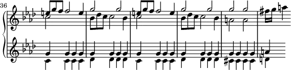 
\version "2.18.2"
\header {
  tagline = ##f
  % composer = "Domenico Scarlatti"
  % opus = "K. 144"
  % meter = "Cantabile"
}

upper = \relative c'' {
  \clef treble 
  \key f \minor
  \time 2/2
  \tempo 4 = 90
  \set Staff.midiInstrument = #"harpsichord"
  \override TupletBracket.bracket-visibility = ##f
\omit Staff.TimeSignature
    \bar ""

      << { \repeat unfold 2 { \omit TupletNumber \times 2/3 { e8 g f } f2 e4 | g2 g } | g g } \\ { \repeat unfold 2 { c,2 s2 | \omit TupletNumber \times 2/3 { bes8 des c } c2 bes4 } | a2 a  } >> fis'16 g a4


}

lower = \relative c' {
  \clef treble 
  \key f \minor
  \time 2/2
  \set Staff.midiInstrument = #"harpsichord"
  \override TupletBracket.bracket-visibility = ##f
  \set Score.currentBarNumber = #36
\omit Staff.TimeSignature

    % ************************************** \appoggiatura a16  \repeat unfold 2 {  } \times 2/3 { }   \omit TupletNumber 
      << { \repeat unfold 20 { g' } a } \\ { \repeat unfold 2 { c,4 c c c | des des des des } | cis4 cis cis cis | d } >>


}

thePianoStaff = \new PianoStaff <<
    \set PianoStaff.instrumentName = #""
    \new Staff = "upper" \upper
    \new Staff = "lower" \lower
  >>

\score {
  \keepWithTag #'print \thePianoStaff
  \layout {
    indent = #0
      #(layout-set-staff-size 17)
    \context {
      \Score
     \override SpacingSpanner.common-shortest-duration = #(ly:make-moment 1/2)
      \remove "Metronome_mark_engraver"
    }
  }
}

\score {
  \keepWithTag #'midi \thePianoStaff
  \midi { }
}
