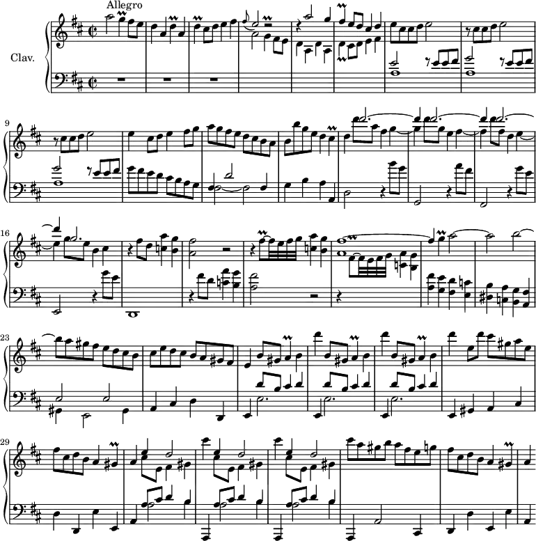 
\version "2.18.2"
\header {
  tagline = ##f
  % composer = "Domenico Scarlatti"
  % opus = "K. 509"
  % meter = "Allegro"
}

%% les petites notes
trillD       = { \tag #'print { d4\prall } \tag #'midi { e32 d e d~ d8 } }
trillDdw     = { \tag #'print { d4_\prall } \tag #'midi { e32 d e d~ d8 } }
trillG       = { \tag #'print { g4\prall } \tag #'midi { a32 g a g~ g8 } }
trillGUp     = { \tag #'print { g'4\prall } \tag #'midi { a32 g a g~ g8 } }
trillFis     = { \tag #'print { fis4\prall } \tag #'midi { g32 fis g fis~ fis8 } }
trillCis     = { \tag #'print { cis4\prall } \tag #'midi { d32 cis d cis~ cis8 } }
trillFisqUp  = { \tag #'print { fis'8\prall~ } \tag #'midi { g32 fis g fis~ } }
trillA       = { \tag #'print { a4\prall } \tag #'midi { b32 a b a~ a8 } }
trillGis     = { \tag #'print { gis4\prall } \tag #'midi { a32 gis a gis~ gis8 } }

upper = \relative c'' {
  \clef treble 
  \key d \major
  \time 2/2
  \tempo 2 = 72
  \set Staff.midiInstrument = #"harpsichord"

      s8*0^\markup{Allegro}
      a'2 \trillG fis8 e | d4 a \trillD a | \trillD cis8 d e4 fis | \appoggiatura fis8 \stemUp e2 r2 | r4 a2 g4 	\stemUp |
      % ms. 6
      \trillFis e8 d cis4 d \stemNeutral | e8 cis cis d e2 | \repeat unfold 2 { r8 cis8 cis d e2 } |
      % ms. 10
      e4 cis8 d e4 fis8 g | a g fis e d cis b a | b b' g e d4 \trillCis | d4 
      % ms. 13 suite
      << { d'2.~ | d4 d2.~ | d4 d2.~ d4 | g,2. } 
      \\ { d'8 a fis4 g4~ | g d'8 g, e4 fis~ | fis d'8 fis, d4 e~ | e g8 e b4 cis } >> |
      r4 fis8 d < c a' >4 < b g' > | < a fis' >2 r2 |
      % ms. 19
      r4 \trillFisqUp fis32 e fis g < c, a' >4 < b g' > | << { fis'1~ | fis4 } \\ { a,1 } >> \trillGUp a2~ | a b~ |
      % ms. 23
      b8 a gis fis e d cis b | cis e d cis b a gis fis | e4 b'8 gis \trillA  b4 | \repeat unfold 2 { d' b,8 gis \trillA b4 } |
      % ms. 28
      d'4 e,8 d' cis gis a e | fis cis d b a4 \trillGis  | a4 << { e'4 d2 } \\ { cis8 e, fis4 gis } >>
      \repeat unfold 2 { cis'4 << { e,4 d2 } \\ { cis8 e, fis4 gis } >> } 
      % ms. 33
      cis'8 a gis b a fis e g  | fis cis d b a4 \trillGis | a4

}

lower = \relative c' {
  \clef bass
  \key d \major
  \time 2/2
  \set Staff.midiInstrument = #"harpsichord"

    % ************************************** \appoggiatura a16  \repeat unfold 2 {  } \times 2/3 { }   \omit TupletNumber 
      R1*3 | \stemDown \change Staff = "upper"  a'2 \trillG fis8 e | d4 a d4 a |
      % ms. 6
      \trillDdw cis8 d e4 fis | \stemNeutral \change Staff = "lower" | << { e2 r8 e8 e fis | \repeat unfold 2 { g2  r8 e8 e fis } } \\ { a,1 a a } >> 
      % ms. 10
      g'8 fis e d cis b a g | << { fis4 d'2 fis,4 } \\ { fis2~ fis } >> g4 b a a, | d2 r4 b''8 g |
      % ms. 14
      g,,2  r4 a''8 fis | fis,,2 r4 g''8 e | e,,2 r4 g''8 e | d,,1 | r4 fis''8 d < c a' >4 < b g' >
      % ms. 19
      < a fis' >2 r2 | r4 \stemDown \change Staff = "upper" fis'8\prall~ fis32 e fis g < c, a' >4 < b g' > \stemNeutral \change Staff = "lower" | < a fis' > < g e' > < fis d' > < e c'  > | < dis b' > < c a' > < b g' > < a fis' > |
      % ms. 23
      << { e'2 e } \\ { gis,4 e2 gis4 } >> | a4 cis d d, |  \repeat unfold 3 { e << { d''8 b cis4 d } \\ { e,2. } >> }
      % ms. 28
      e,4 gis a cis | d d, e' e, | a << { a'8 cis d4 b } \\ { a2 b4 } >> | \repeat unfold 2 { a,,4  << { a''8 cis d4 b } \\ { a2 b4 } >> }
      % ms. 33
      a,,4 a'2 cis,4 | d d' e, e' | a, 

}

thePianoStaff = \new PianoStaff <<
    \set PianoStaff.instrumentName = #"Clav."
    \new Staff = "upper" \upper
    \new Staff = "lower" \lower
  >>

\score {
  \keepWithTag #'print \thePianoStaff
  \layout {
      #(layout-set-staff-size 17)
    \context {
      \Score
     \override TupletBracket.bracket-visibility = ##f
     \override SpacingSpanner.common-shortest-duration = #(ly:make-moment 1/2)
      \remove "Metronome_mark_engraver"
    }
  }
}

\score {
  \keepWithTag #'midi \thePianoStaff
  \midi { }
}
