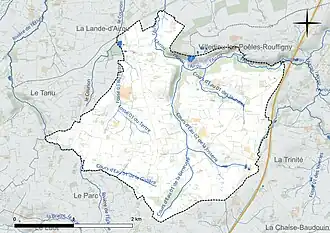Carte en couleur présentant le réseau hydrographique de la commune