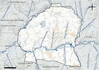 Carte en couleur présentant le réseau hydrographique de la commune
