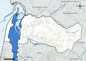 Carte en couleur présentant le réseau hydrographique de la commune