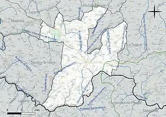 Carte en couleur présentant le réseau hydrographique de la commune