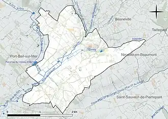 Carte en couleur présentant le réseau hydrographique de la commune