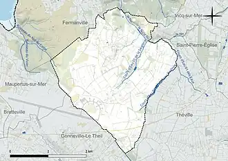 Carte en couleur présentant le réseau hydrographique de la commune