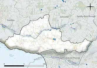 Carte en couleur présentant le réseau hydrographique de la commune