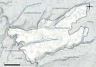 Carte en couleur présentant le réseau hydrographique de la commune