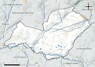 Carte en couleur présentant le réseau hydrographique de la commune