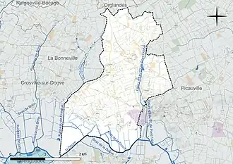 Carte en couleur présentant le réseau hydrographique de la commune