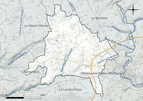 Carte en couleur présentant le réseau hydrographique de la commune