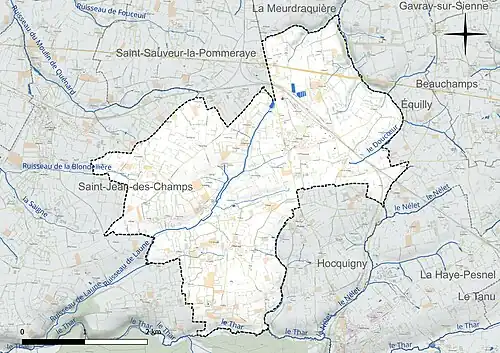 Carte en couleur présentant le réseau hydrographique de la commune