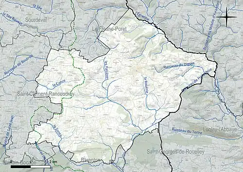 Carte en couleur présentant le réseau hydrographique de la commune