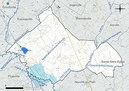 Carte en couleur présentant le réseau hydrographique de la commune