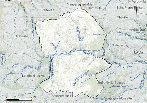 Carte en couleur présentant le réseau hydrographique de la commune