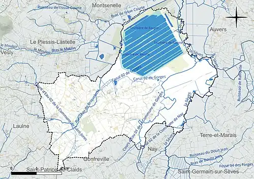 Carte en couleur présentant le réseau hydrographique de la commune