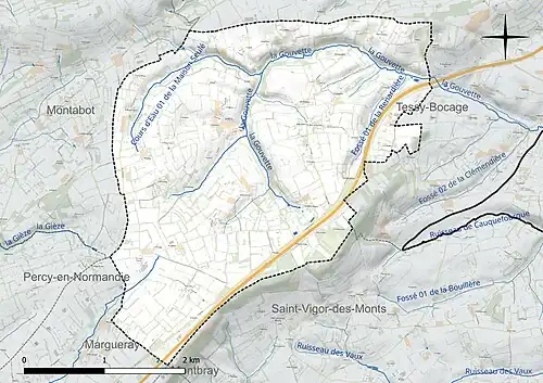 Carte en couleur présentant le réseau hydrographique de la commune