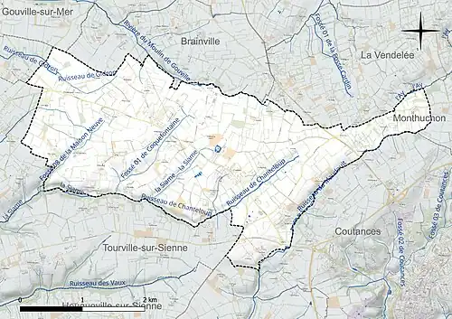 Carte en couleur présentant le réseau hydrographique de la commune