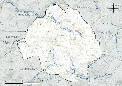 Carte en couleur présentant le réseau hydrographique de la commune