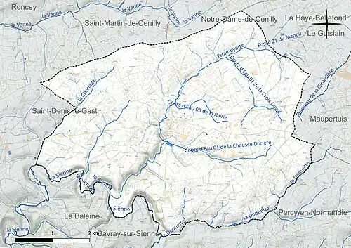 Carte en couleur présentant le réseau hydrographique de la commune