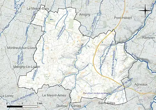 Carte en couleur présentant le réseau hydrographique de la commune