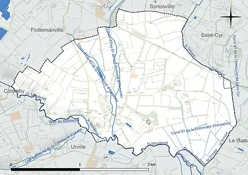 Carte en couleur présentant le réseau hydrographique de la commune