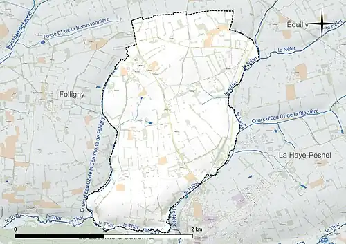 Carte en couleur présentant le réseau hydrographique de la commune