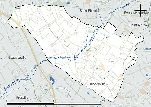 Carte en couleur présentant le réseau hydrographique de la commune