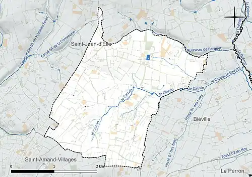 Carte en couleur présentant le réseau hydrographique de la commune
