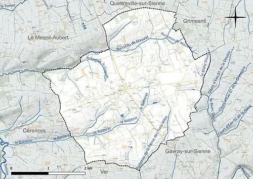 Carte en couleur présentant le réseau hydrographique de la commune