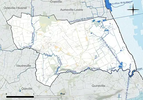 Carte en couleur présentant le réseau hydrographique de la commune