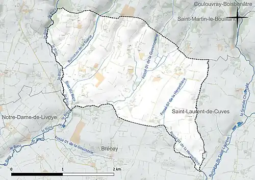 Carte en couleur présentant le réseau hydrographique de la commune