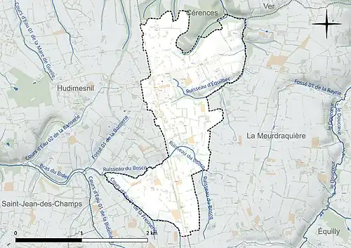 Carte en couleur présentant le réseau hydrographique de la commune